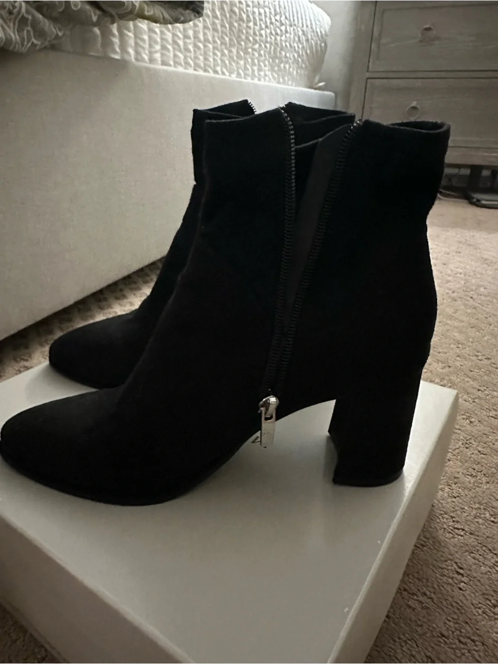 Marc Fisher Black Suede Block Heel Ankle Booties with Side Zip